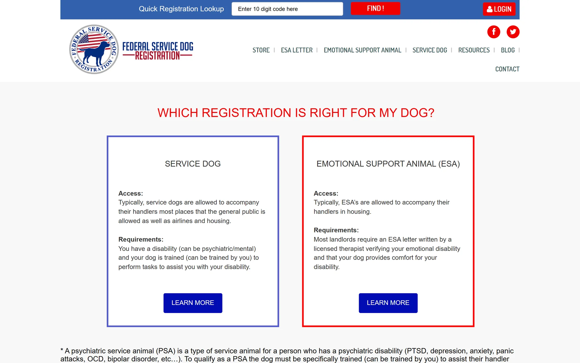The live registration page, which helps visitors choose between a service dog and an ESA