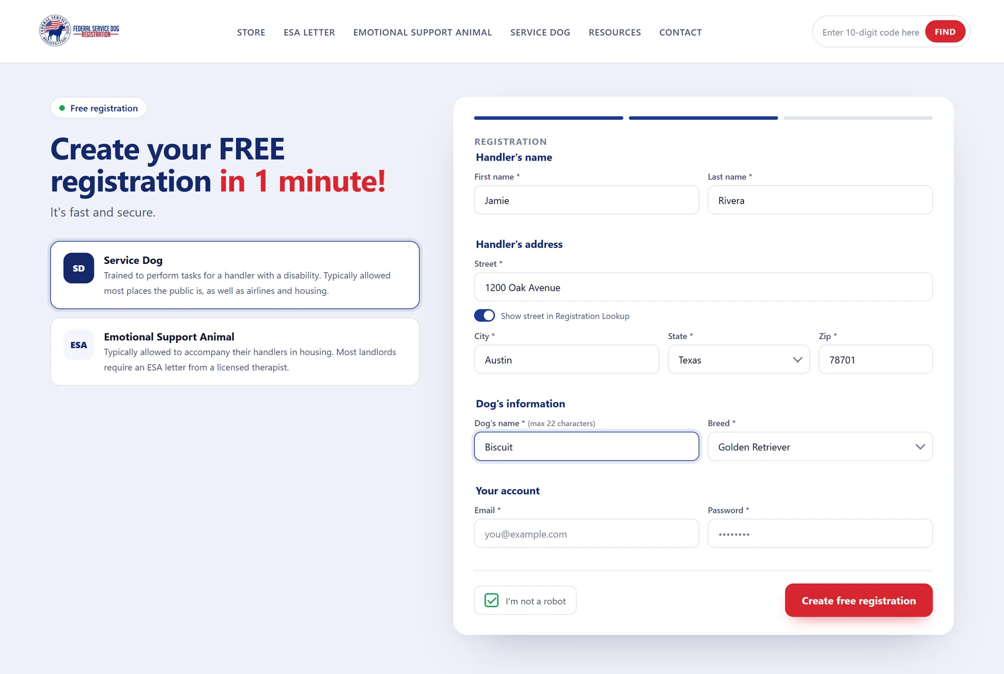 The registration form: handler, address, dog and account details