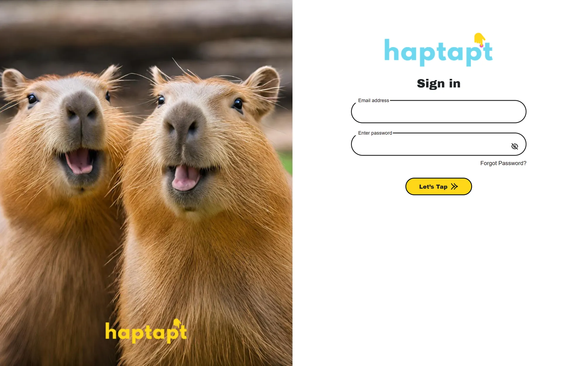 The haptapt app's sign-in screen: Let's Tap