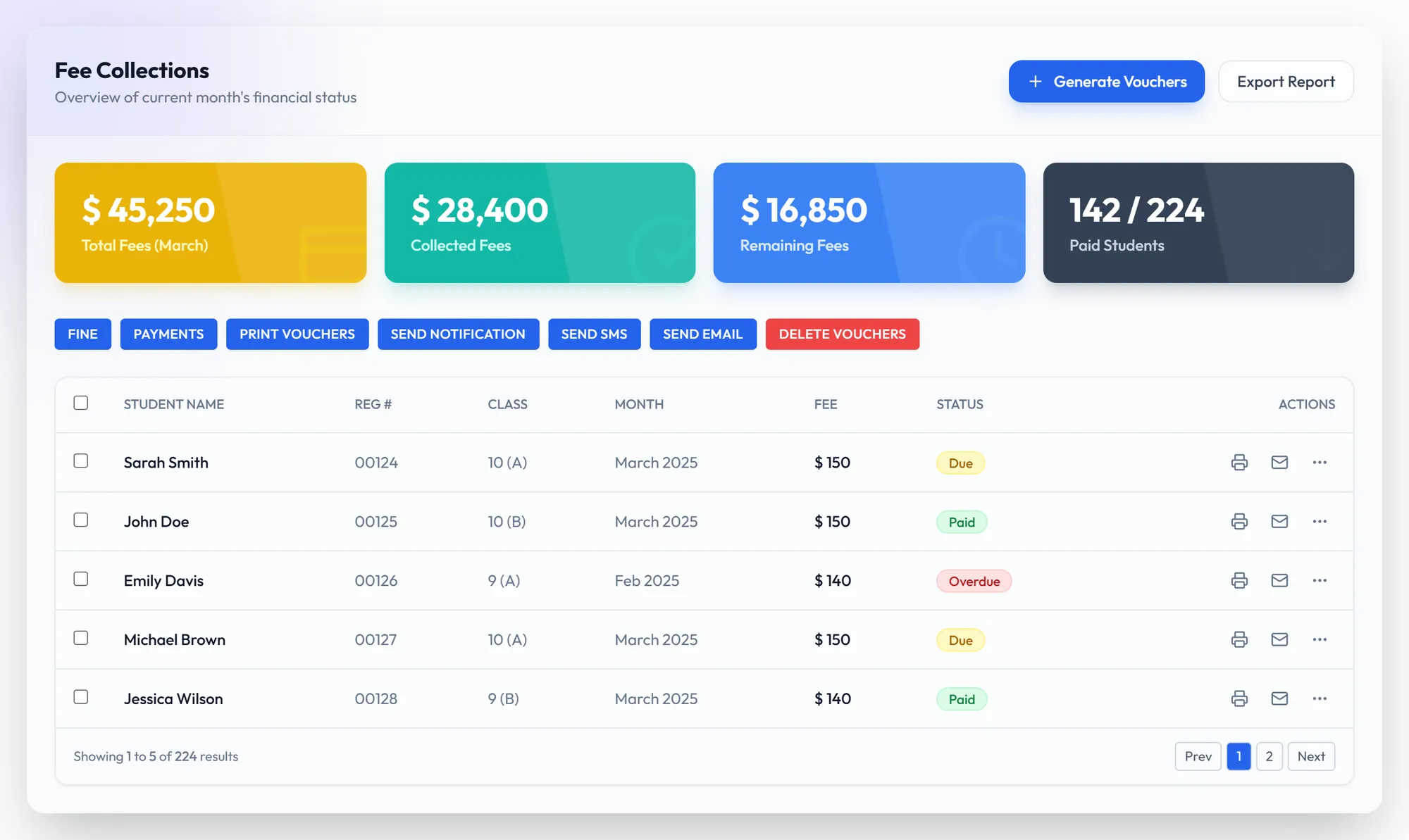 Fee collection with vouchers, payments and reminders
