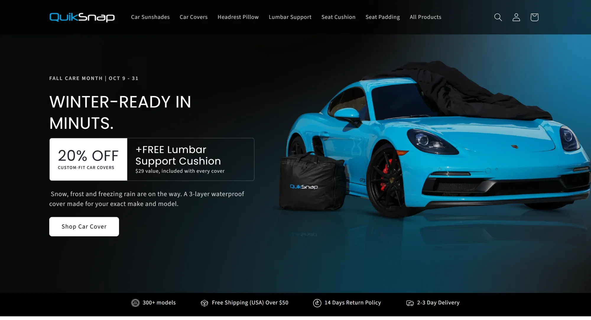 QuikSnap home page with a seasonal car cover offer